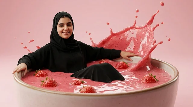 Arab Woman in Giant Strawberry Milk Bowl with Splash