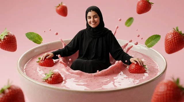 Arab Woman in Giant Splashing Strawberry Yogurt Bowl Arab Woman in Giant Splashing Strawberry Yogurt Bowl