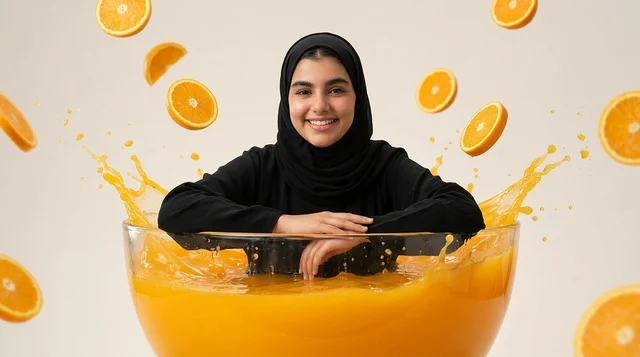 امرأة عربية في وعاء عصير برتقال عملاق