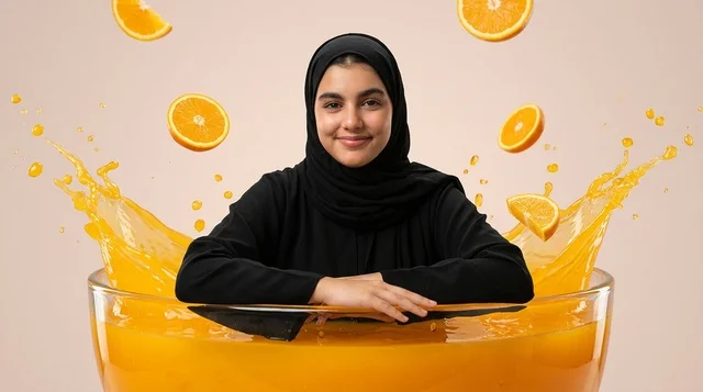 امرأة عربية محجبة مع رذاذ عصير البرتقال الطازج للإعلان