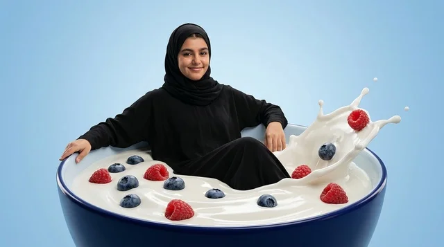 امرأة عربية في وعاء زبادي ضخم لإعلانات الأغذية امرأة عربية في وعاء زبادي ضخم لإعلانات الأغذية