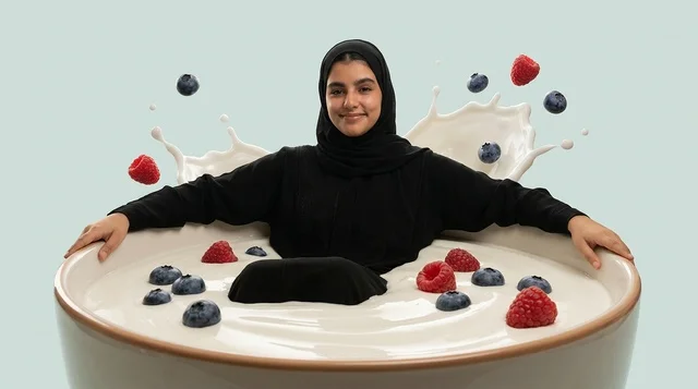 امرأة عربية في وعاء زبادي عملاق للدعاية والإعلان
