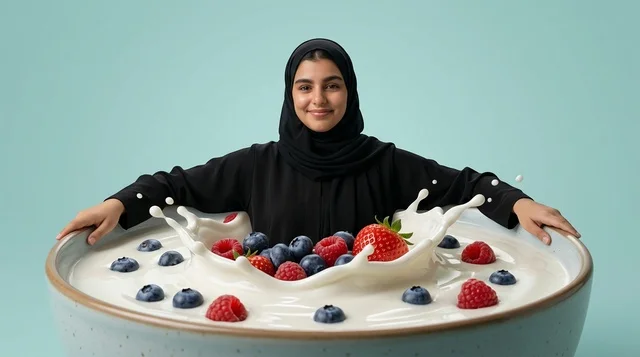 Arab Woman with Giant Berry Yogurt Bowl in Studio