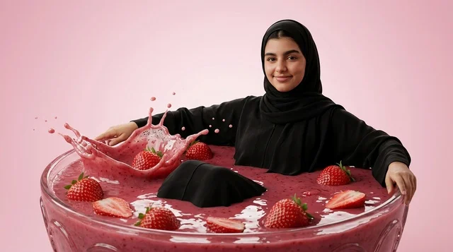 امرأة عربية في وعاء سموذي الفراولة للدعاية والإعلان امرأة عربية في وعاء سموذي الفراولة للدعاية والإعلان
