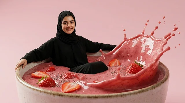 فتاة عربية بالحجاب في وعاء عصير فراولة عملاق