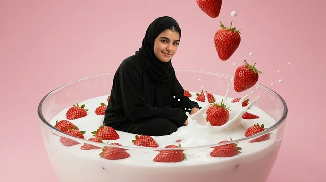 امرأة عربية في وعاء حليب وفراولة إعلاني عملاق