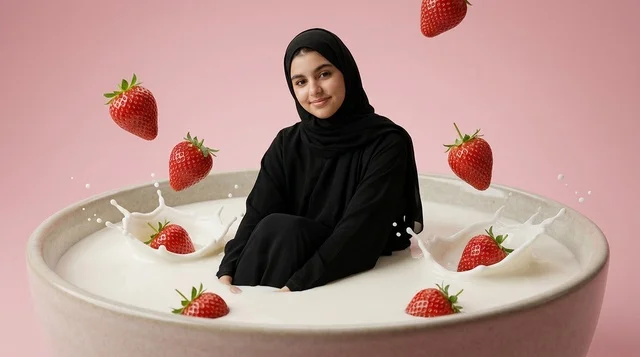 امرأة سعودية في وعاء حليب وفراولة بتصميم سريالي