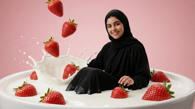 امرأة عربية في وعاء حليب بالفراولة إعلان إبداعي