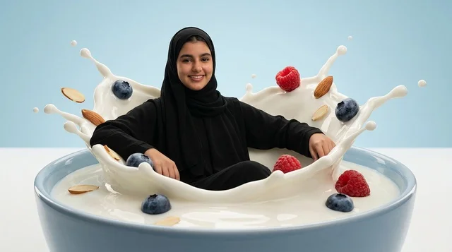 Arab Woman in Splashing Milk Bowl with Berries and Almonds
