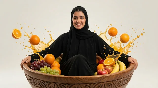امرأة عربية في وعاء فواكه كبير مع رذاذ عصير البرتقال