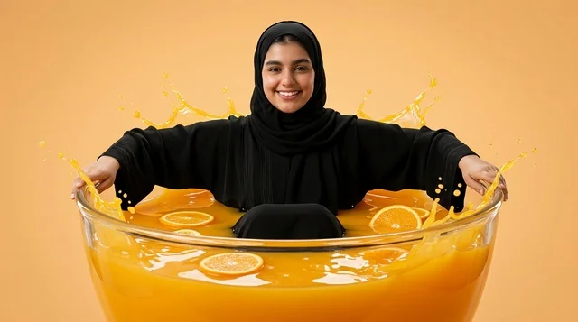 امرأة عربية بالعباءة داخل وعاء عصير برتقال متطاير بالاستوديو امرأة عربية بالعباءة داخل وعاء عصير برتقال متطاير بالاستوديو