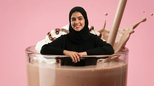 امرأة سعودية داخل كوب مخفوق الشوكولاتة العملاق