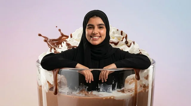 فتاة عربية محجبة داخل كوب ميلك شيك شوكولاتة بالكريمة