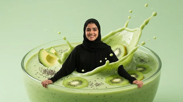 امرأة عربية مبتسمة داخل وعاء عصير الكيوي الأخضر