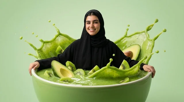 امرأة عربية في وعاء عصير أفوكادو وكيوي أخضر عملاق