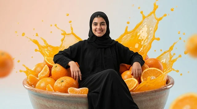 امرأة عربية في وعاء مع تناثر عصير البرتقال