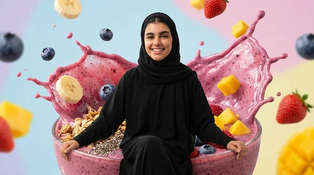 Arab Woman with Splashing Healthy Smoothie Bowl and Fruit