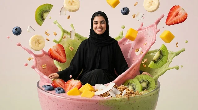 امرأة عربية في وعاء سموذي مع فواكه متطايرة