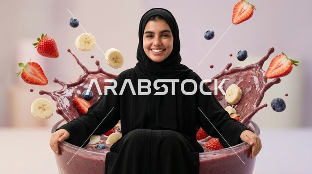 امرأة عربية مبتسمة داخل وعاء عصير الفواكه المتناثر