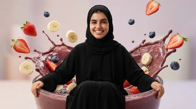 امرأة عربية مبتسمة داخل وعاء عصير الفواكه المتناثر