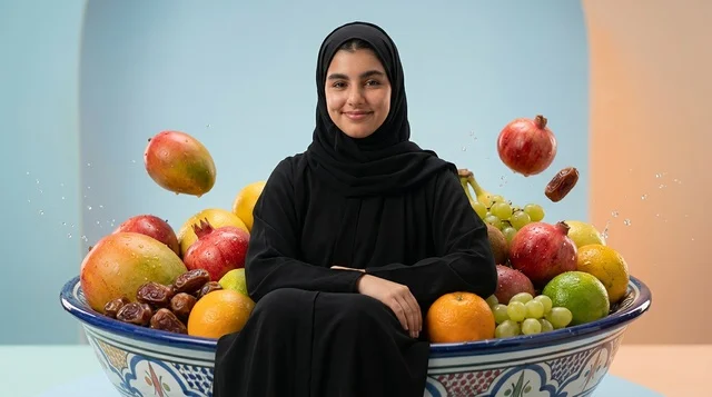 امرأة عربية بالحجاب تجلس داخل وعاء فواكه طازجة عملاق