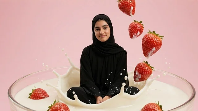 امرأة عربية بالحجاب في كوب حليب مع الفراولة الطازجة