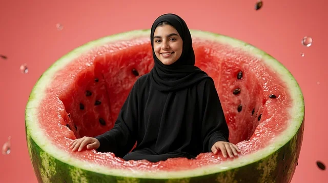 امرأة عربية تجلس على شريحة بطيخ عملاقة في الاستوديو امرأة عربية تجلس على شريحة بطيخ عملاقة في الاستوديو