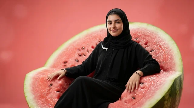 An Arab woman is sitting on a giant slice of watermelon in the studio.