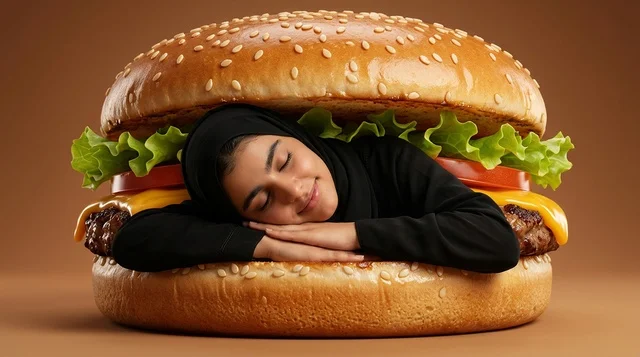 Arab Woman in Hijab Sleeping Inside Giant Burger