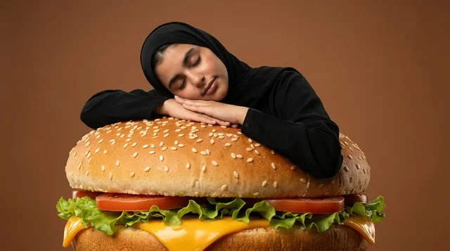 امرأة عربية نائمة على مجسم برجر جبن عملاق في الاستوديو