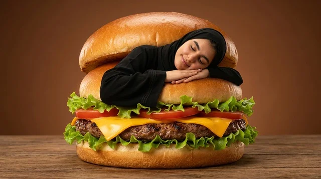 An Arab woman in a hijab is sleeping inside a giant burger in the studio.