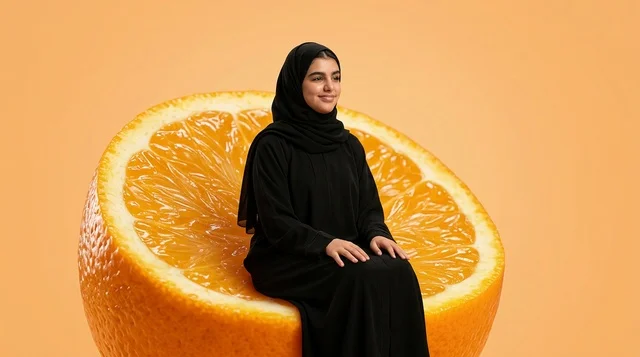 امرأة عربية بالعباءة تجلس على برتقالة عملاقة بالاستوديو