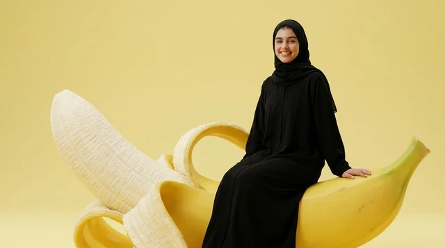 امرأة عربية بالعباءة السوداء تجلس على مجسم موز ضخم