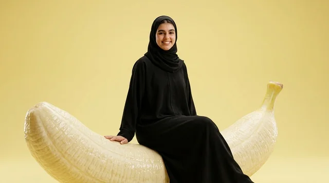 امرأة عربية بالعباءة على مجسم موزة في الاستوديو امرأة عربية بالعباءة على مجسم موزة في الاستوديو