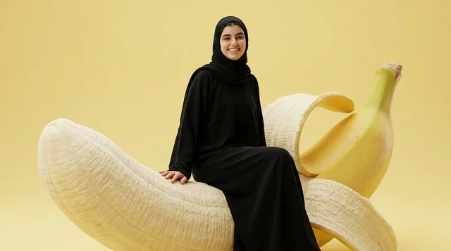 امرأة عربية بالعباءة السوداء تجلس على مجسم موز ضخم