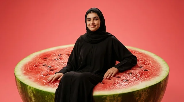 An Arab woman is sitting on a giant slice of watermelon in the studio.