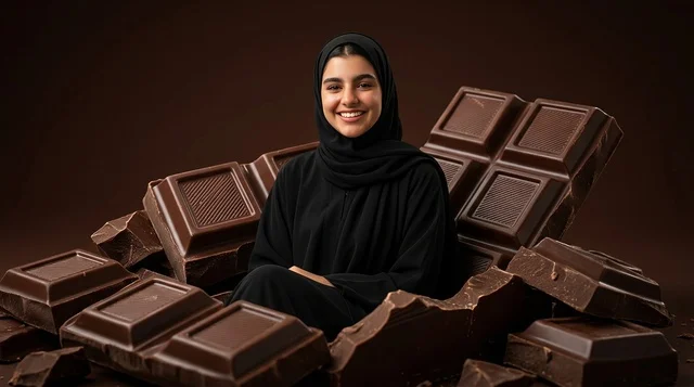 امرأة عربية مع قوالب شوكولاتة ضخمة في الاستوديو امرأة عربية مع قوالب شوكولاتة ضخمة في الاستوديو