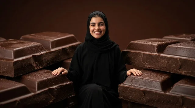 امرأة عربية تبتسم مع قطع شوكولاتة ضخمة في الاستوديو