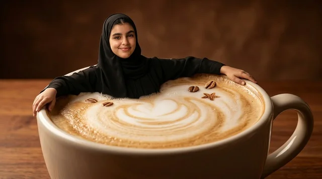 امرأة عربية بالحجاب تجلس داخل كوب قهوة لاتيه ضخم