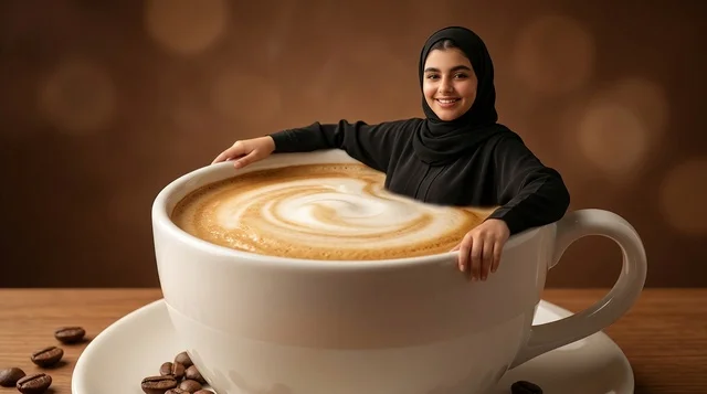 امرأة عربية بالحجاب تجلس داخل فنجان كابتشينو عملاق