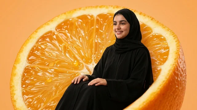 شابة عربية بالعباءة داخل برتقالة عملاقة للإعلانات