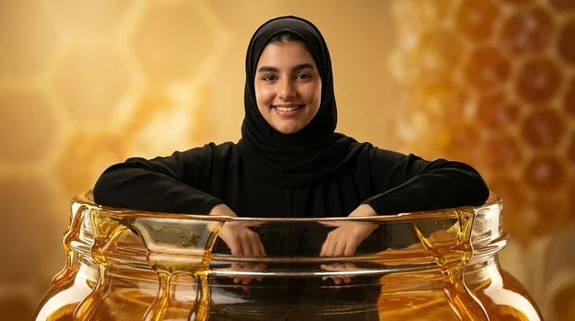 امرأة عربية بالحجاب داخل مرطبان عسل ذهبي كبير