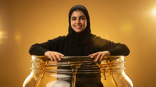 Arab Woman in Hijab Behind Giant Golden Honey Jar Arab Woman in Hijab Behind Giant Golden Honey Jar