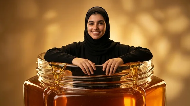 امرأة عربية محجبة داخل جرة عسل ذهبية بالاستوديو
