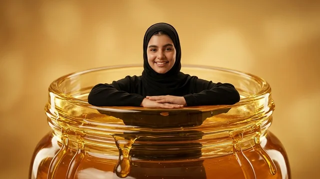 امرأة عربية داخل مرطبان عسل ذهبي مفهوم إبداعي