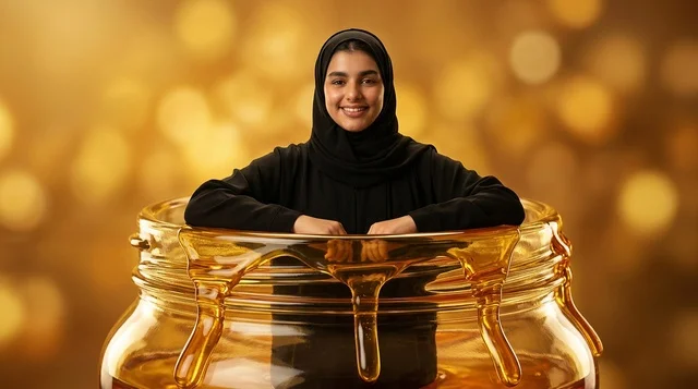 Smiling Arab Woman in Giant Honey Jar with Gold Bokeh