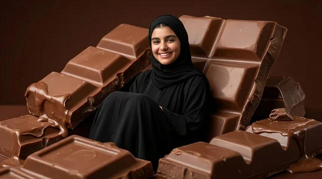 Arab Woman in Hijab Sitting in a Milk Chocolate Chair
