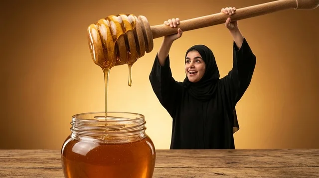 امرأة عربية تحمل أداة عسل خشبية عملاقة فوق مرطبان