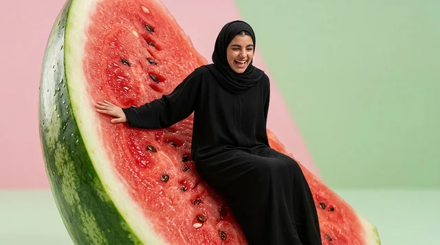 امرأة عربية تجلس على شريحة بطيخ عملاقة في الاستوديو امرأة عربية تجلس على شريحة بطيخ عملاقة في الاستوديو