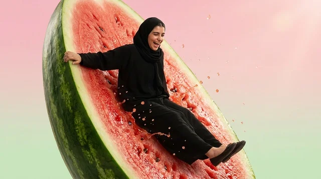 امرأة عربية محجبة تتزحلق على شريحة بطيخ عملاقة صيفية